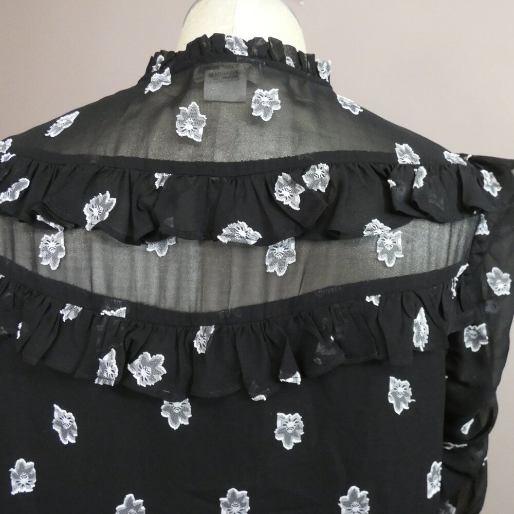 Shoshanna Women's M Terra Top Black Semi Sheer Floral Button Up Ruffle Detail - Picture 7 of 11